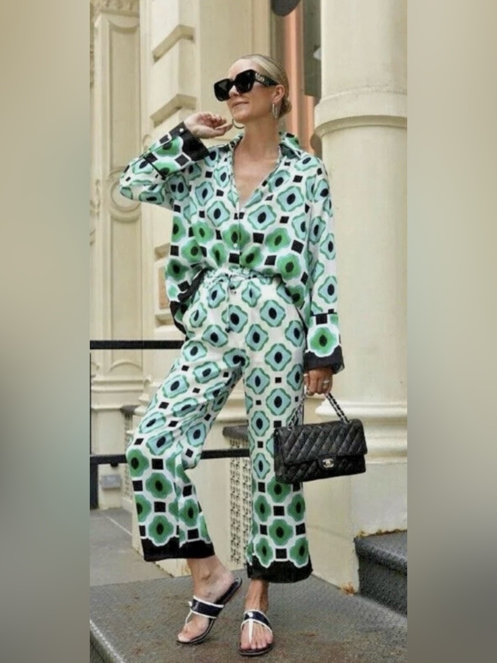 Zara Green & Teal Geometric Wide-Leg Pants Set - Picture 2 of 7